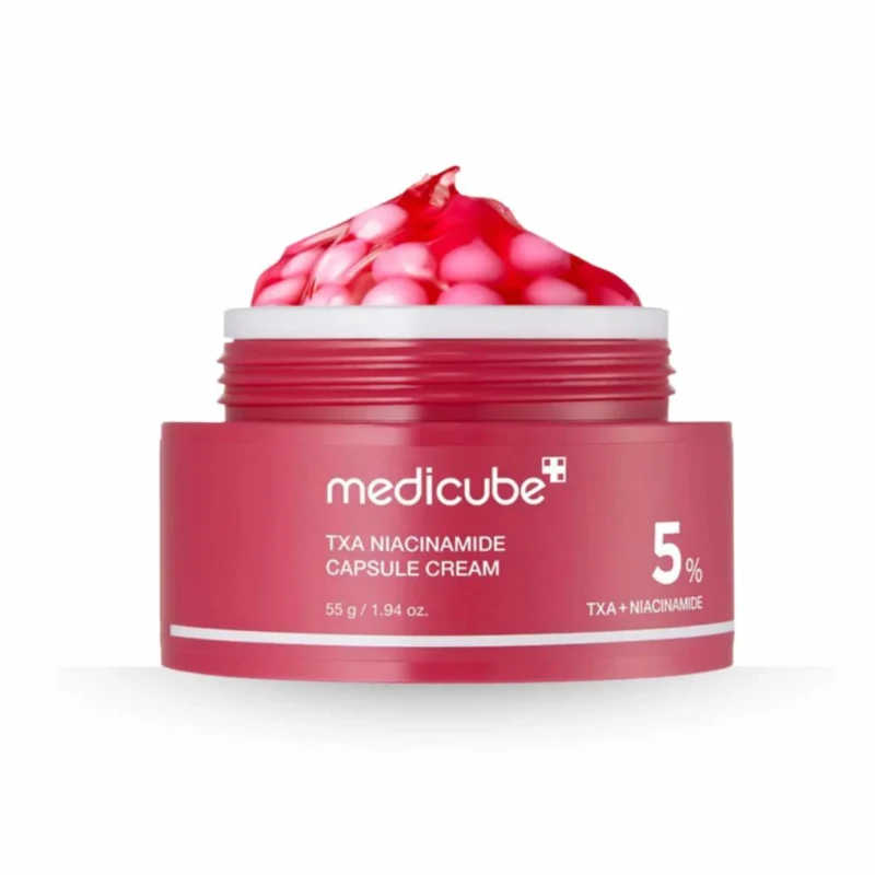 Brighten dark spots and uneven tone with Medicube TXA Niacinamide Capsule Cream. 5% TXA, Niacinamide, and Hyaluronic Acid for clear, radiant skin.